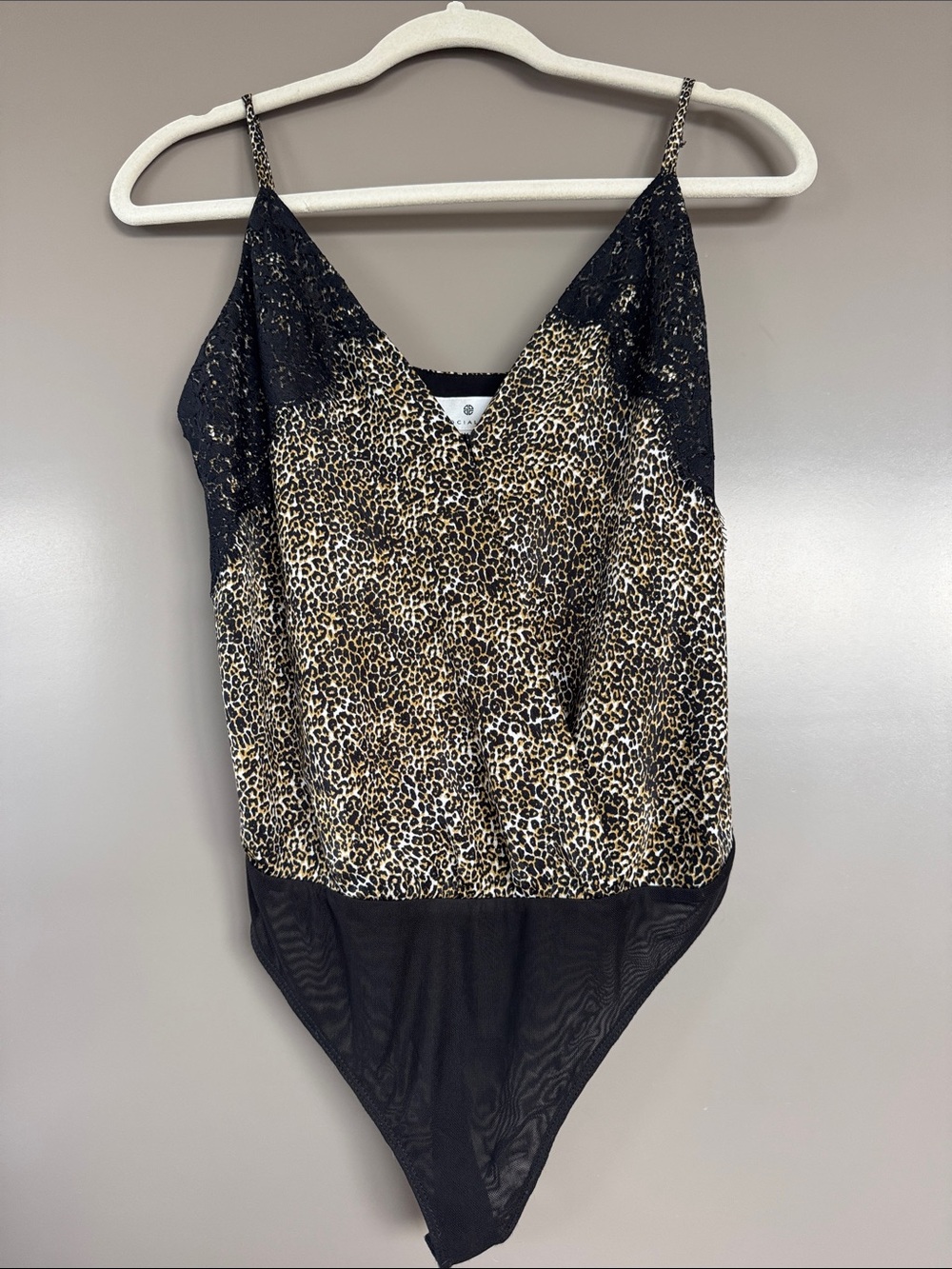 Socialite Leopard Print Lace-Trim Bodysuit - Black/Beige